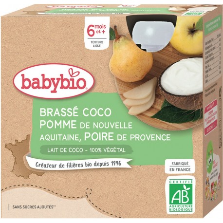 Babybio Dessert bébé +6 mois,brassé lait de coco pomme d'Aquitaine poire de Provence Bio