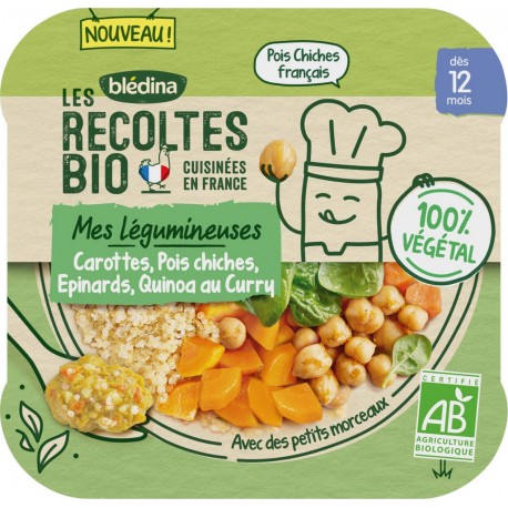 Blédina Les Recoltes Bledina Plats bébé dès 12 mois, Bio carottes, pois chiches, épinards & quinoa au Curry