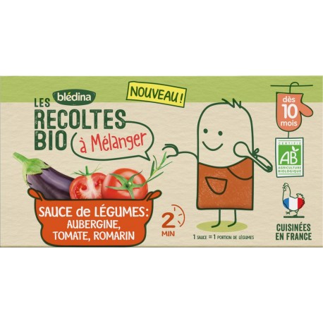 Blédina Les Recoltes Bio Bledina Repas bébé dès 10 mois sauce de légumes aubergine, tomate & romarin