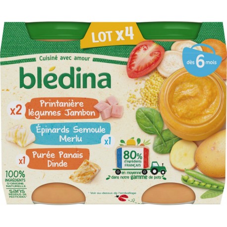 Bledina Petits pots bébé dès 6 mois, jambon/merlu/dinde x4 200g 