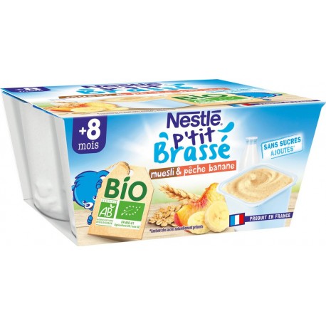 Nestlé P Tit Brasse Desserts bébé bio dés 6 mois muesli, banane & pêche sans sucres ajoutés P'TIT BRASSE