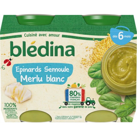 Bledina Petits pots bébé dès 6 mois, épinards semoule merlu x2 200g