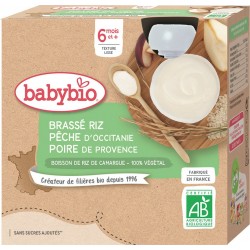 Babybio Dessert bébé +6 mois,brassé végétal riz pêche d'Occitanie poire de Provence Bio