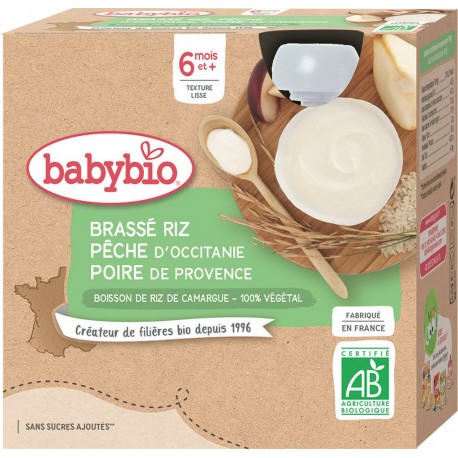 Babybio Dessert bébé +6 mois,brassé végétal riz pêche d'Occitanie poire de Provence Bio