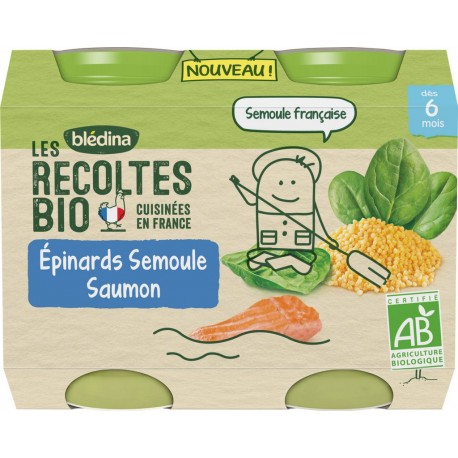 Bledina Plat bébé Bio Dès 6 mois,épinards semoule saumon les récoltes