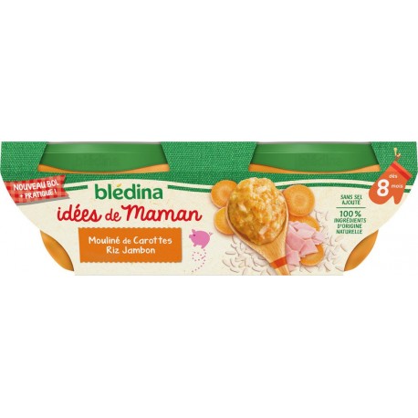 Blédina Bols Idees De Maman Plats bébé dès 8 mois Carotte Riz Jambon 200g x2