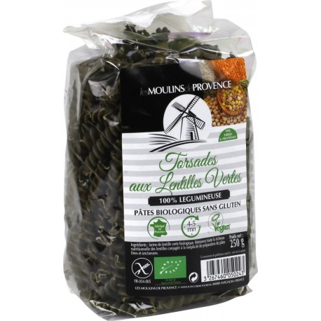 Les Moulins De Provence Pâtes de lentilles vertes bio torsades colorées sans gluten 250g