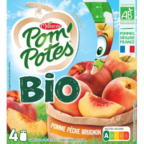 Pom Potes Compotes Bio pomme pêche & brugnon sans sucre ajouté POM'POTES 4x90g 360g