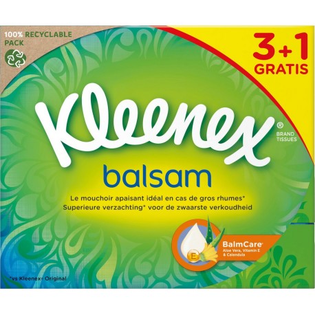Kleenex Mouchoirs 3en1 Pack Kleenex Balsam 3+1 3 boîtes 72 mouchoirsn