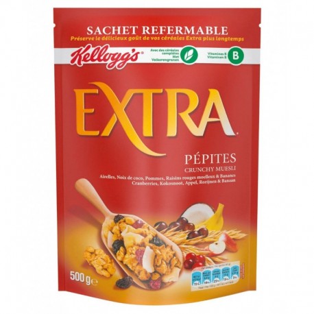 Kellogg’s Extra Pépites Crunchy Muesli Airelles Noix De Coco Pommes Raisins Rouges et Bananes 500g (lot de 3)