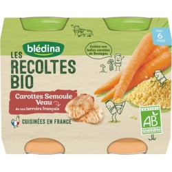 Blédina Les Récoltes Bio Carottes Semoule Veau (dès 6 mois) par 2 pots de 200g (lot de 6)