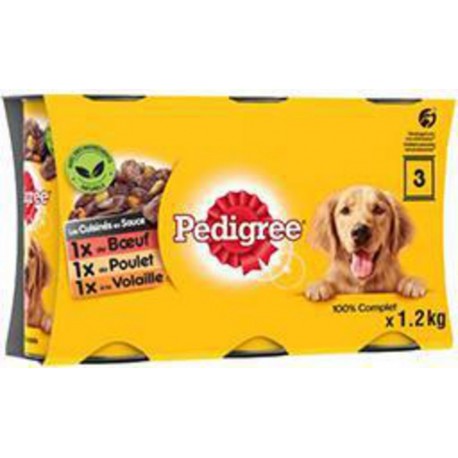 Pedigree 3 Variétés Les Cuisinés en Sauce aux Petits Légumes pour chiens 3x1200g 3.6Kg (lot de 2 soit 6 boîtes)