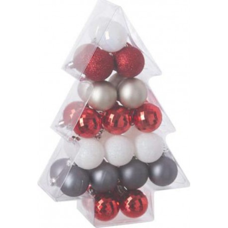 Kit de décoration pour Sapin de Noël Rouge Blanc et Argent 34 pièces