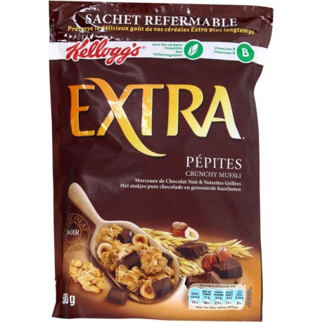 Kellogg’s Extra Pépites Crunchy Muesli Chocolat Noir et Noisettes Grillées 500g (lot de 3)