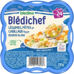Blédina Blédichef Légumes Pâtes et Cabillaud Façon Beurre Blanc (dès 24 mois) l’assiette de 250g (lot de 8)