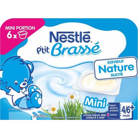 Nestlé P’tit Brassé Mini Saveur Nature Sucré (+4-6 mois) par 6 pots de 60g (lot de 8 soit 48 pots)