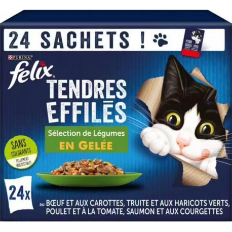 Felix Tendres Effilés en Gelée avec Légumes Sachets Fraîcheur pour Chat Adulte 24x85g (lot de 2)