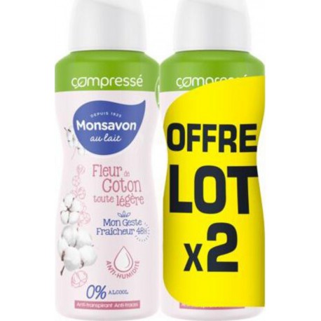 MONSAVON Déodorant Lait et Coton 2x100ml x2 spray compressés 100ml