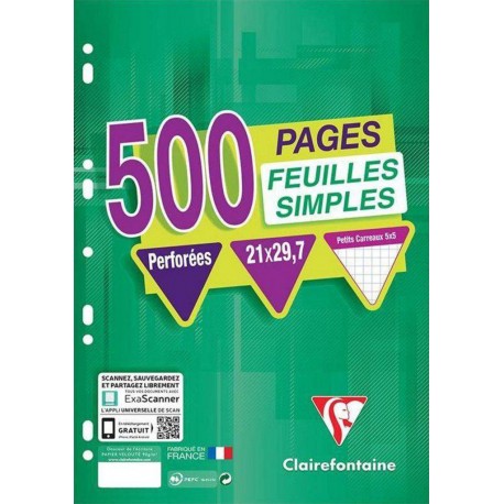 Clairefontaine 500 Feuilles Simples Perforées A4 21x29,7 Petits Carreaux