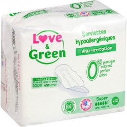 Love & Green Serviettes Hypoallergéniques Anti-Irritation Super x12