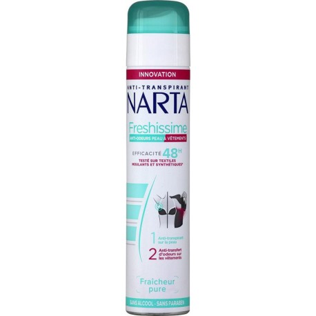 Narta Spray Anti-Transpirant Freshissime Efficacité 48h anti-odeurs Peau & Vêtements Fraîcheur Pure 200ml