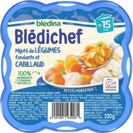 Blédina Blédichef Mijoté de Légumes Fondants et Cabillaud dès 15 mois l’assiette de 250g