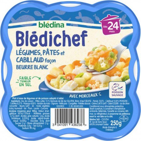 Blédina Blédichef Légumes Pâtes et Cabillaud Façon Beurre Blanc dès 24 mois l’assiette de 250g