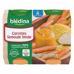 Blédina Carottes Semoule Dinde (de 6 à 36 mois) par 2 pots de 200g (lot de 8 soit 16 pots)