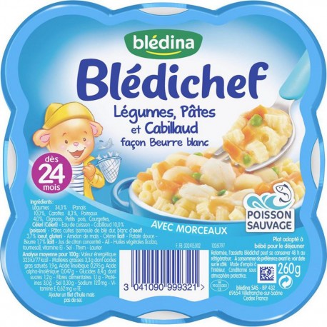 Blédina Blédichef Légumes Pâtes et Cabillad Façon Beurre Blanc (dès 24 mois) l’assiette de 260g (lot de 8)