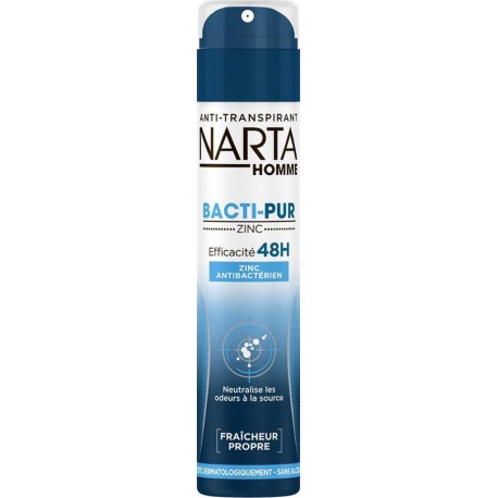 Narta Homme Spray Anti-Transprant Bacti-Pur Zinc Efficacité 48h Fraîcheur Naturelle 200ml (lot de 4)