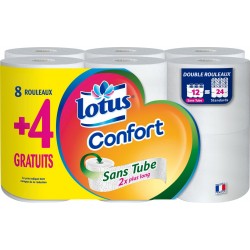 Lotus Papier toilette Confort Sans tube blanc x12 8+4 rouleaux paquet 8 rouleaux + 4 offerts