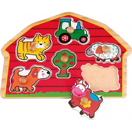 Imagin Puzzle éveil en bois Le Monde de la ferme 6 pièces Rouge