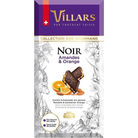 Villars Chocolat suisse. Noir amandes orange 180g